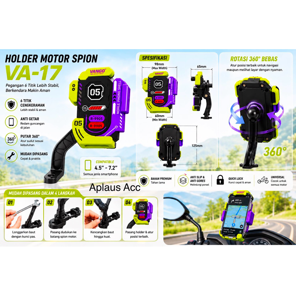 VANGO VA-17 Premium Holder Motor Spion Anti Getar 360° Universal Semua Smartphone