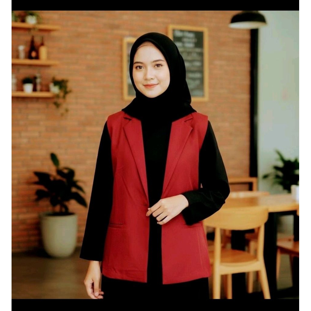 Outer Wanita Polos Tanpa Lengan Bahan Jas Full Puring Korean Style merah cabe