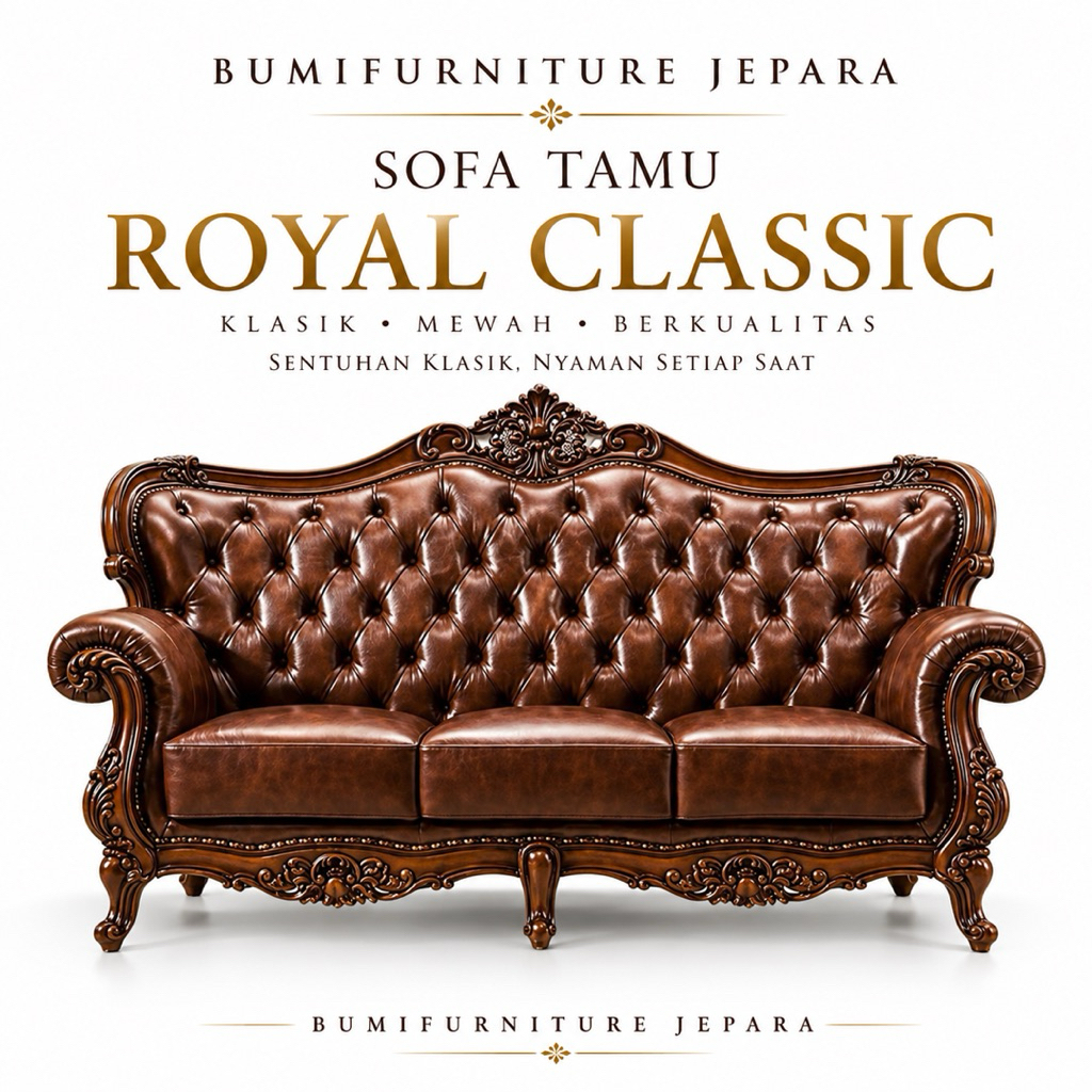 Sofa Tamu Royal Classic Mewah 3 Seater Kayu Jati Jepara Jok Kulit Premium  Kursi Sofa Ukir Jepara Ku