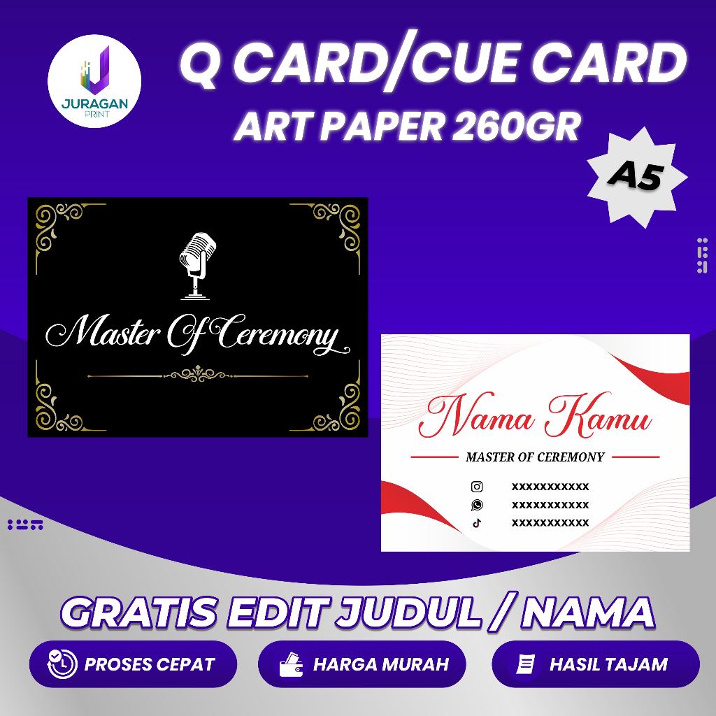 Q Card / Cue Card / MC Card Custom Artpaper 260 ukuran A5 / Cetak Custom