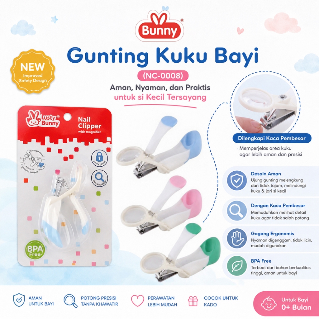 Lusty Bunny Gunting Kuku Bayi NC-0008 dengan Kaca Pembesar | Nail Clipper Bayi Aman BPA Free Anti Sa
