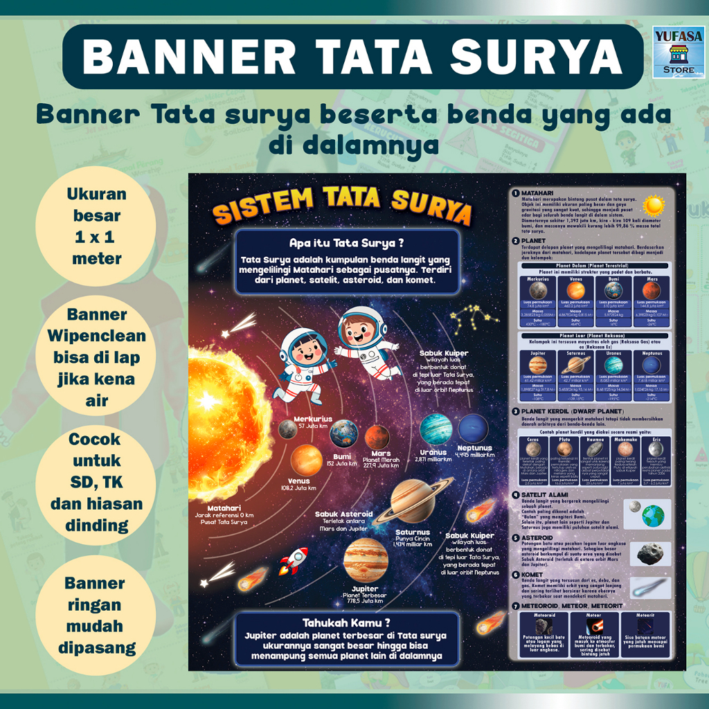 Banner tata surya - poster tata surya - hiasan dinding - hiasan dinding kelas - banner 1 x 1 meter -
