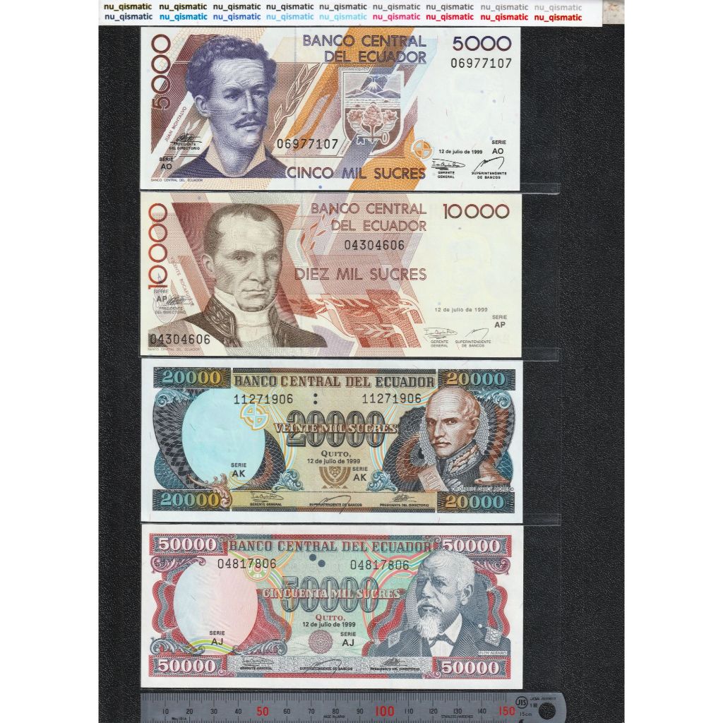 Uang Set Ecuador Ekuador 5000 10000 20000 50000 Sucres, 1999, UNC Baru Super Gress P# 127,128,129,13