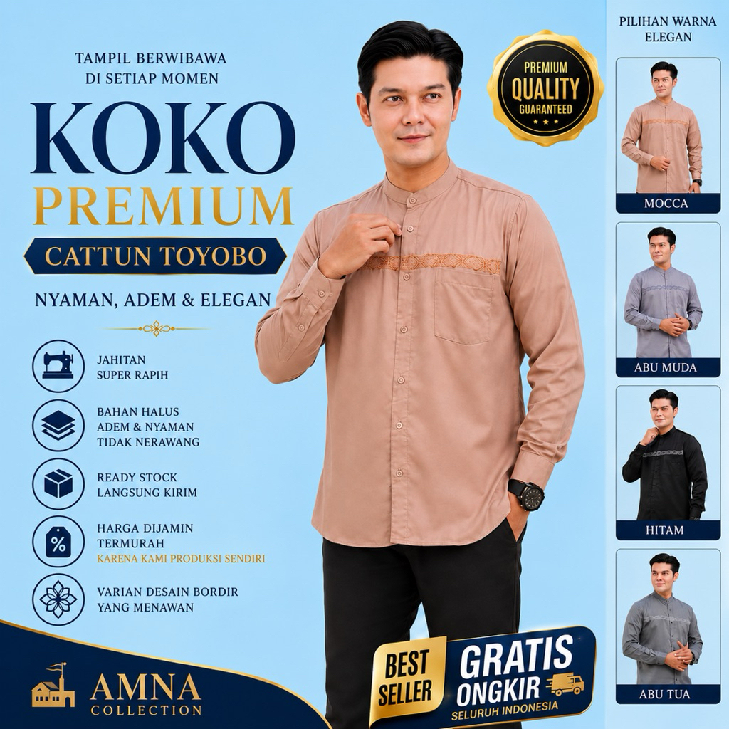 Baju Koko Pria Dewasa Lengan Panjang Bordir Afif Cotton Toyobo Kemeja Pria Fashion Muslim AMNA COLLE