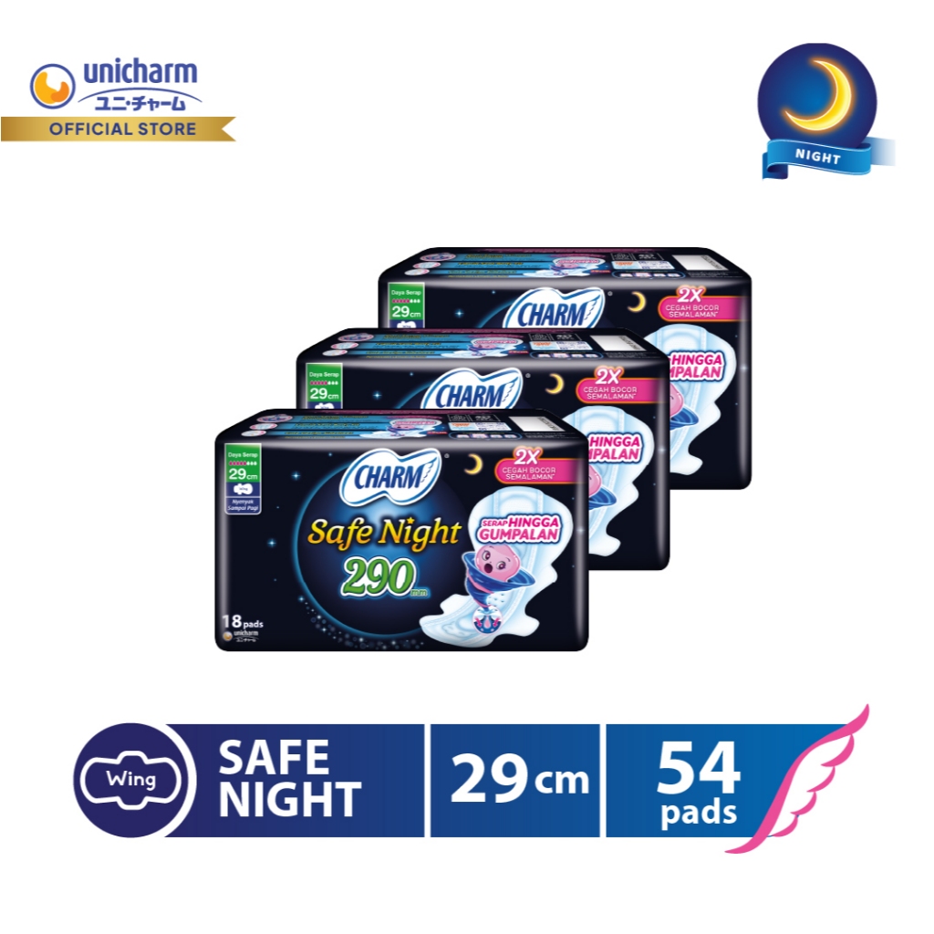Charm Pembalut Safe Night 29cm Wing 18 pads - 3 Packs