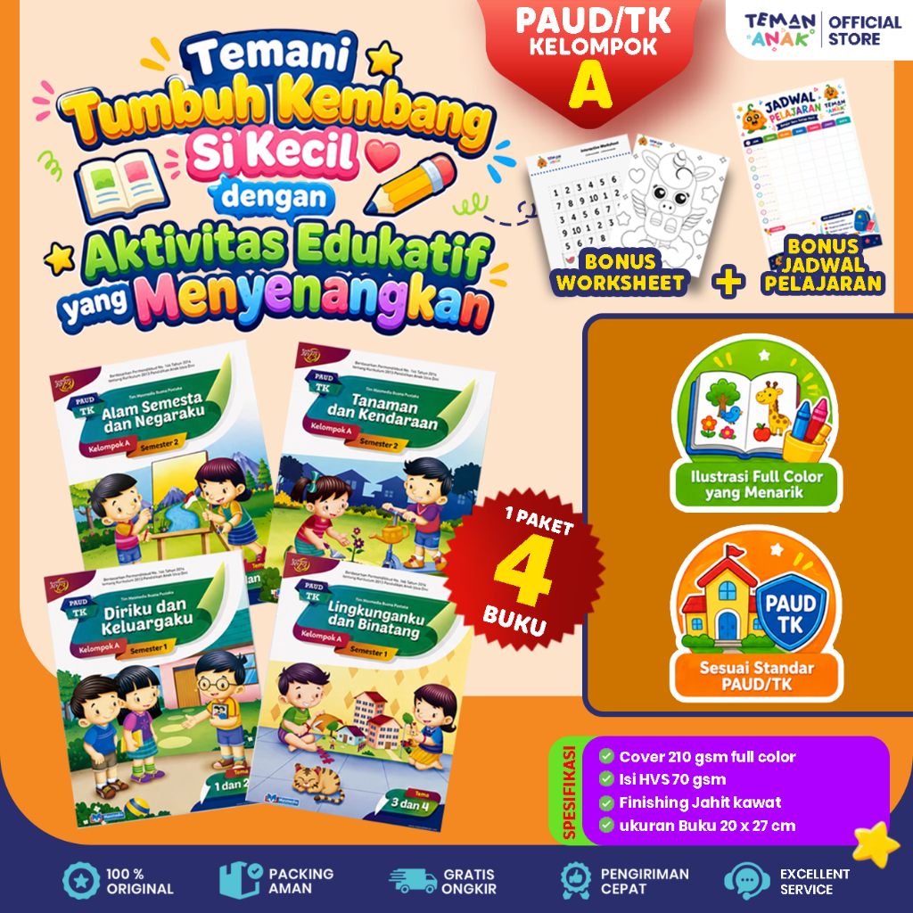 Paket 4 Buku Worksheet Anak TK A TK B Kelompok A & B Persiapan Sekolah Belajar Tematik & Pendidikan 