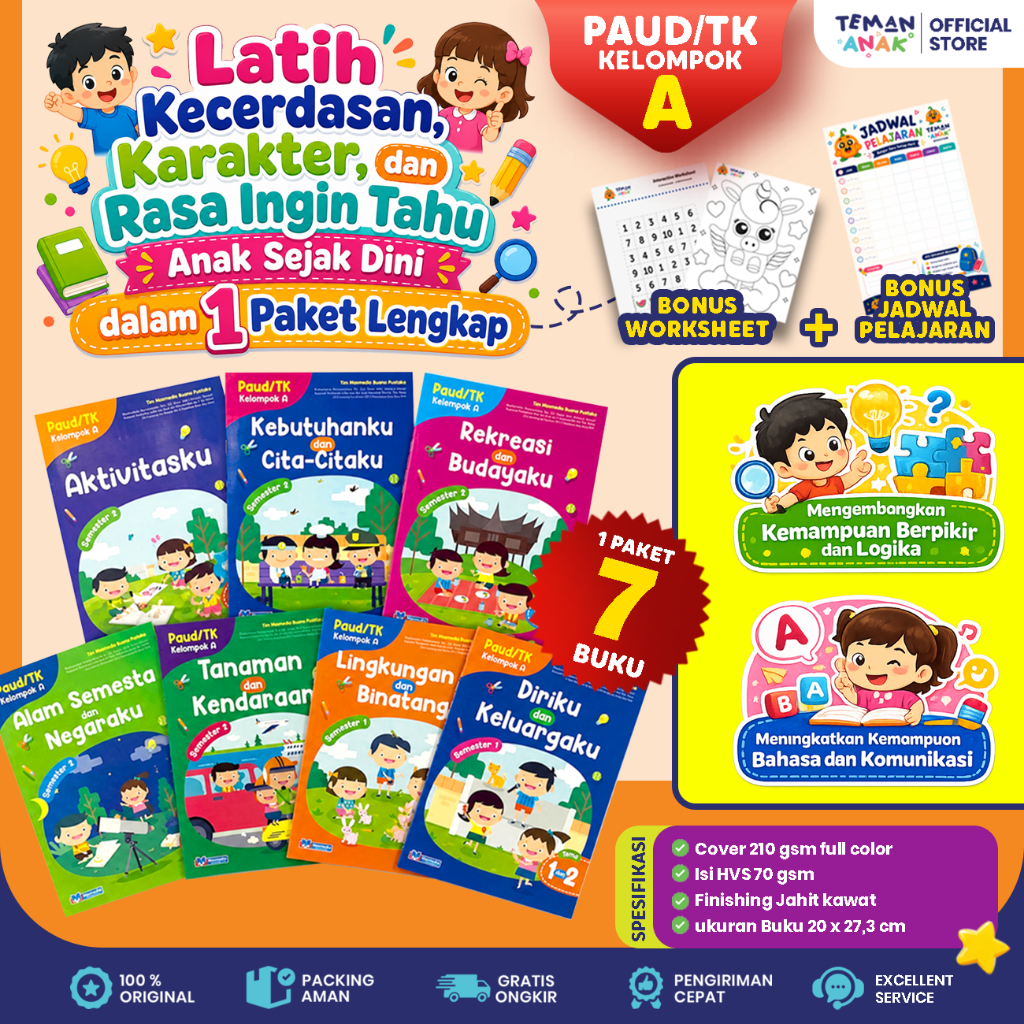 Paket 7 Buku Worksheet Anak TK A TK B Kelompok A & B Persiapan Sekolah Belajar Tematik & Pendidikan 