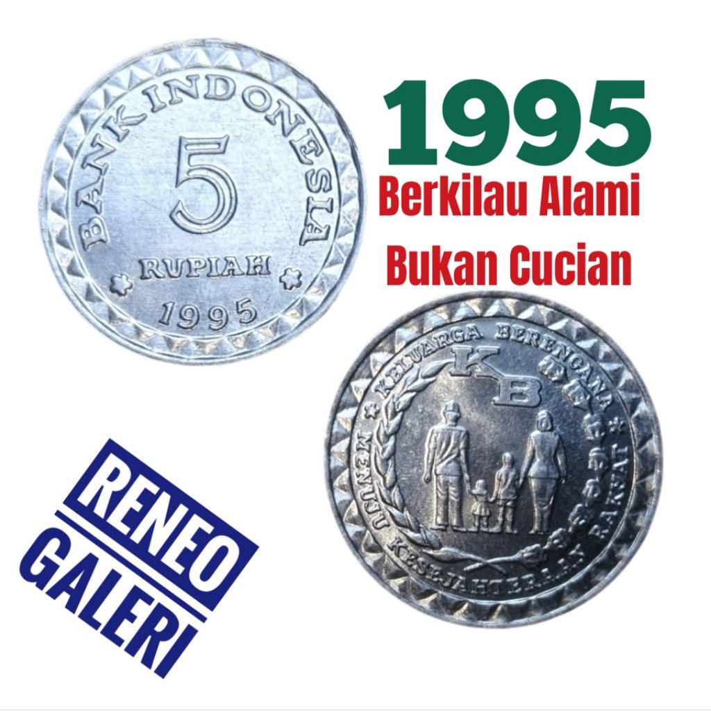 Berkilau Koin 5 Rupiah Tahun 1995 KB kecil Luster uang kuno Indonesia duit jadul lama Logam asli ori