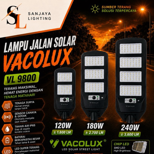 Lampu Jalan Solar PJU VACOLUX (VL-9800) 120W/180W/240W