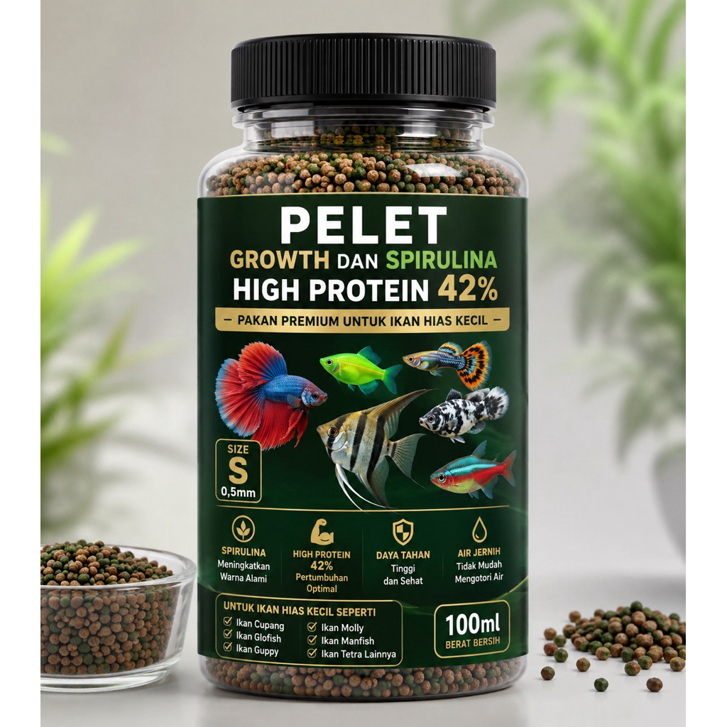 PELET GROWTH & SPIRULINA PROTEIN 42% UNTUK IKAN HIAS KECIL CUPANG GLOFISH MOLLY GUPPY 0,5MM