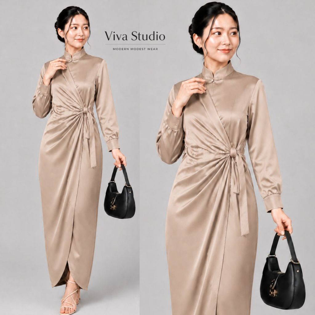 Arabell Gamis Dress Maxy Lengan Balon Premium | Gaun Bridesmaid Satin Mewah Layer Samping