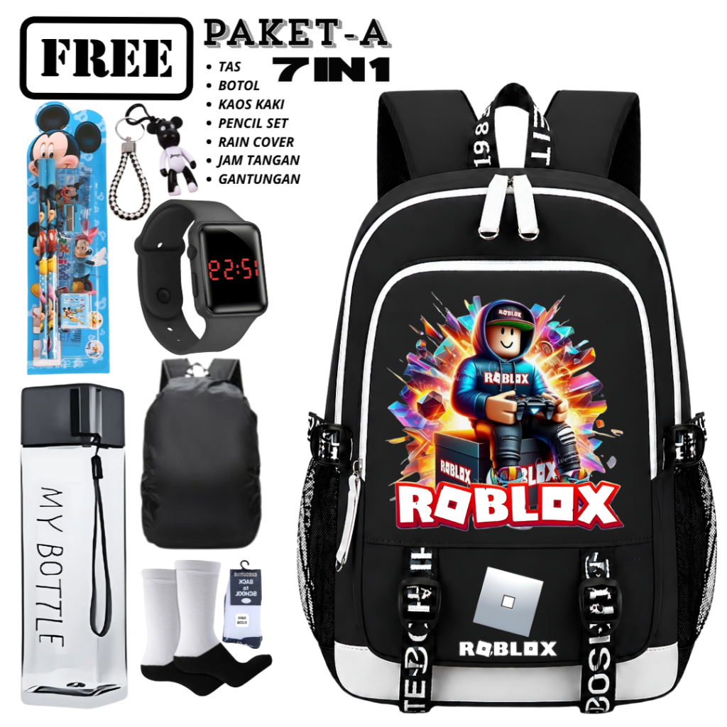 Ransel Anak Unisex Roblox Firework Hitam Putih Set 7in1 Dengan Tas, Jam Tangan, My Bottle, Dan Akses