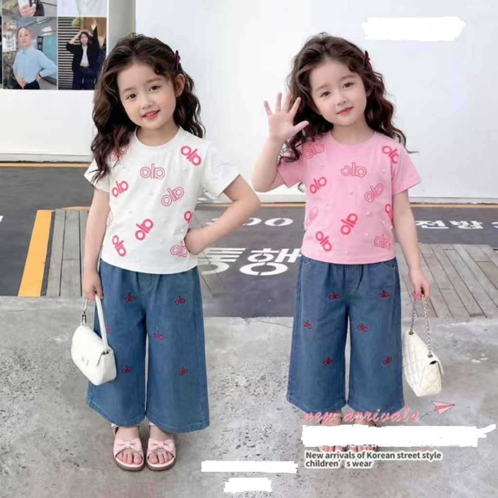 YIHAN KIDS Baju Atasan Lengan Bendek Setelan Jeans Motif alo /Setelan Pita Mimi Cargo Celana Anak Pe