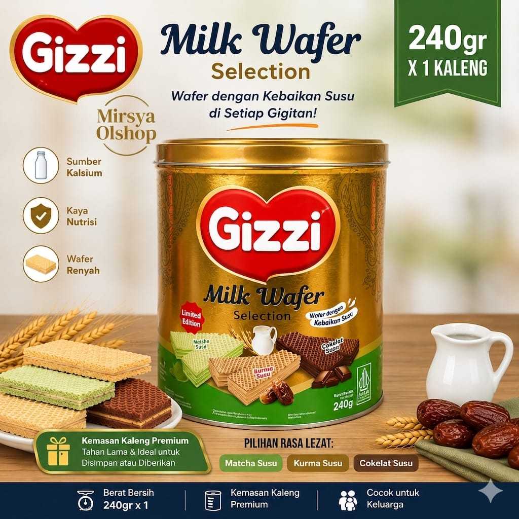 Gizzi Milk Wafer Matcha Kurma Coklat Kaleng 240 gr