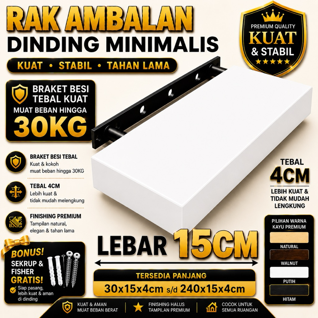 Rak Ambalan Dinding Minimalis Tebal 4cm Lebar 15cm | Floating Shelf Braket Besi Kuat 35kg | Panjang 
