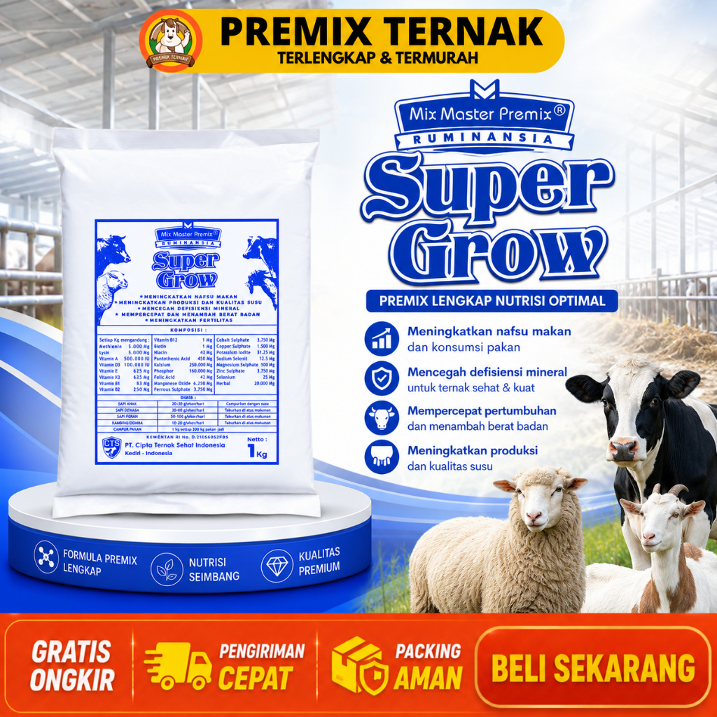MIX MASTER PREMIX SUPER GROW 1KG - Premix Ternak Pemacu Pertumbuhan Penggemukan Sapi Kambing Kelinci
