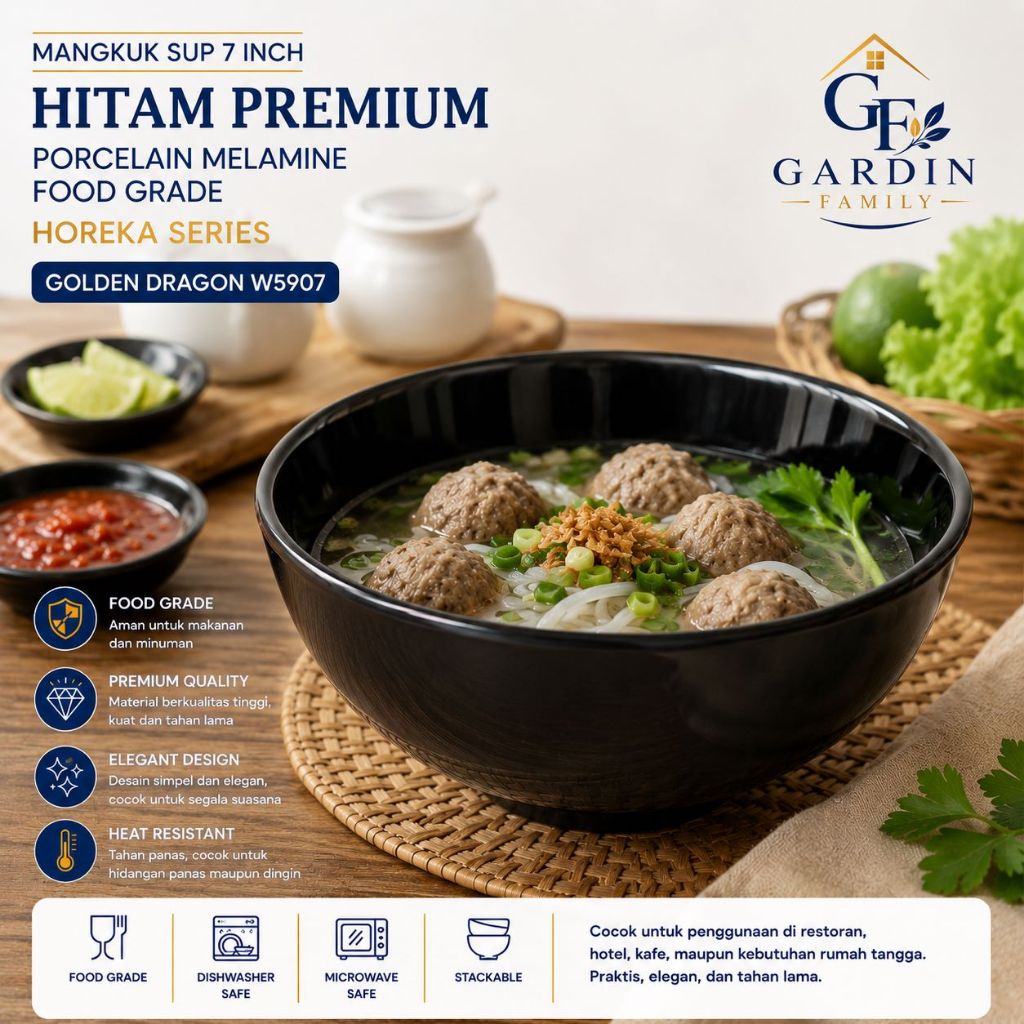 Mangkuk Sup 7 Inch Hitam Premium Porcelain Melamine Food Grade Golden Dragon W5907 | Mangkuk Soto Ba