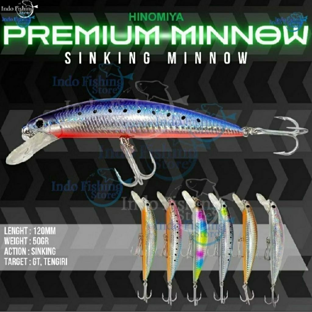 Umpan HINOMIYA Premium Minnow Sinking 12cm 50gr Mancing Ikan Tengiri GT Tribble Hook VMC Kuat Tajam