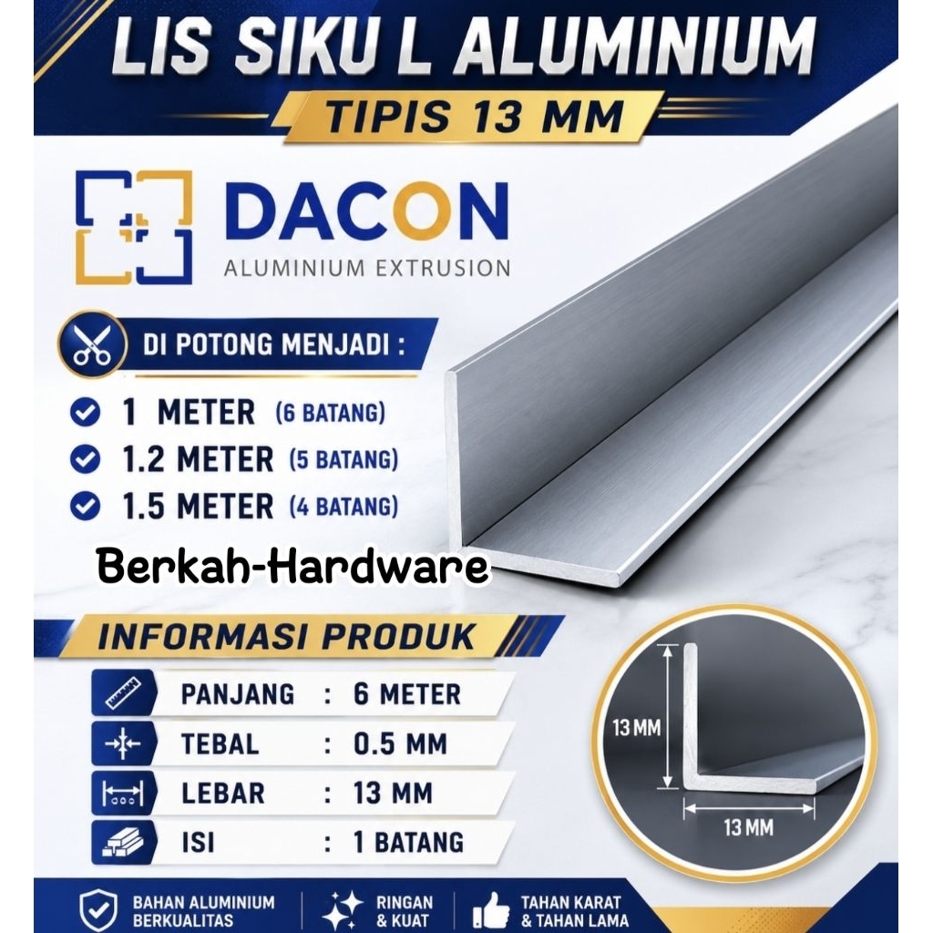 (6 Meter) Lis Siku L Alumunium Tipis 13 MM Dacon | Lis Siku Alumunium