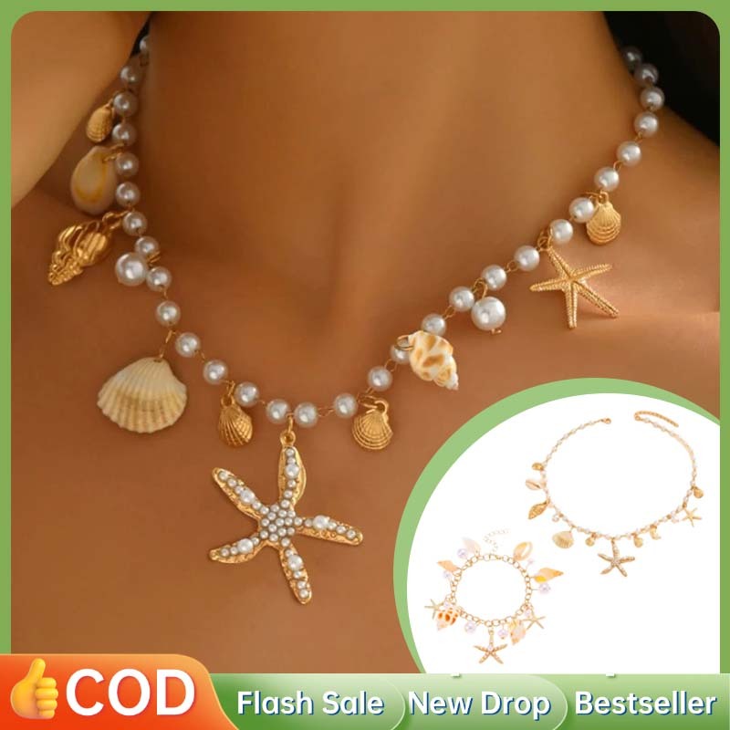 Kalung Aksesoris  Choker Kerang  Gelang Kerang Laut  1 Set Aksesoris(Kalung + Gelang)Imitasi Cangker