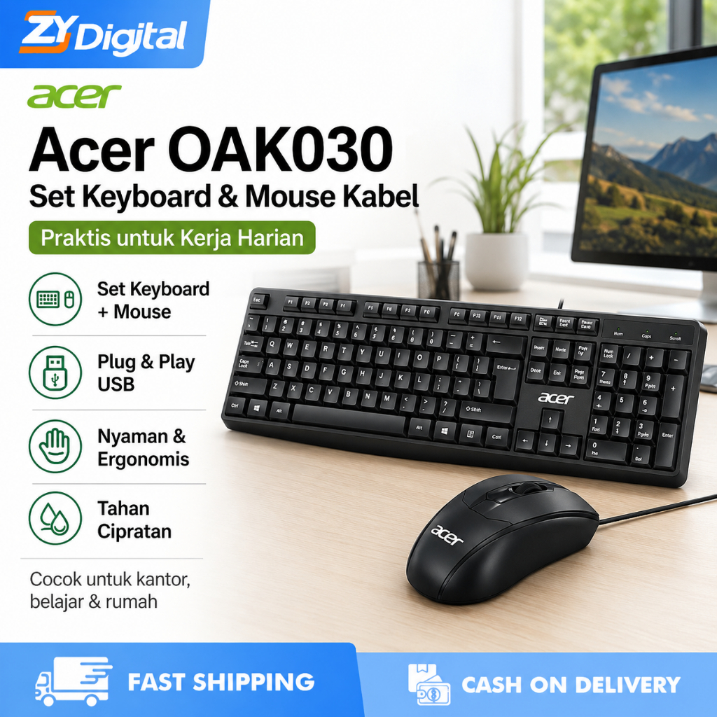 Acer OAK030 Keyboard&Mouse Set Wired for Laptop/PC Kontar Belajar Desain Ergonomis