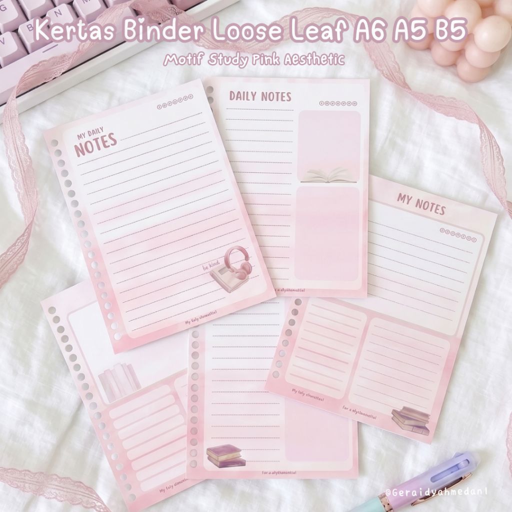 Kertas Binder Loose Leaf A6 A5 B5 Motif Pink Study Aesthetic