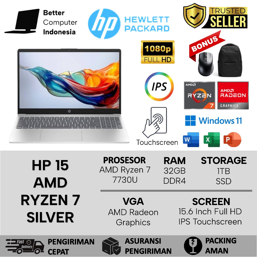 Laptop Gaming HP 15 Touchscreen AMD Ryzen 7 7730U 32GB 2TB Full HD IPS Backlit Windows 11 Silver