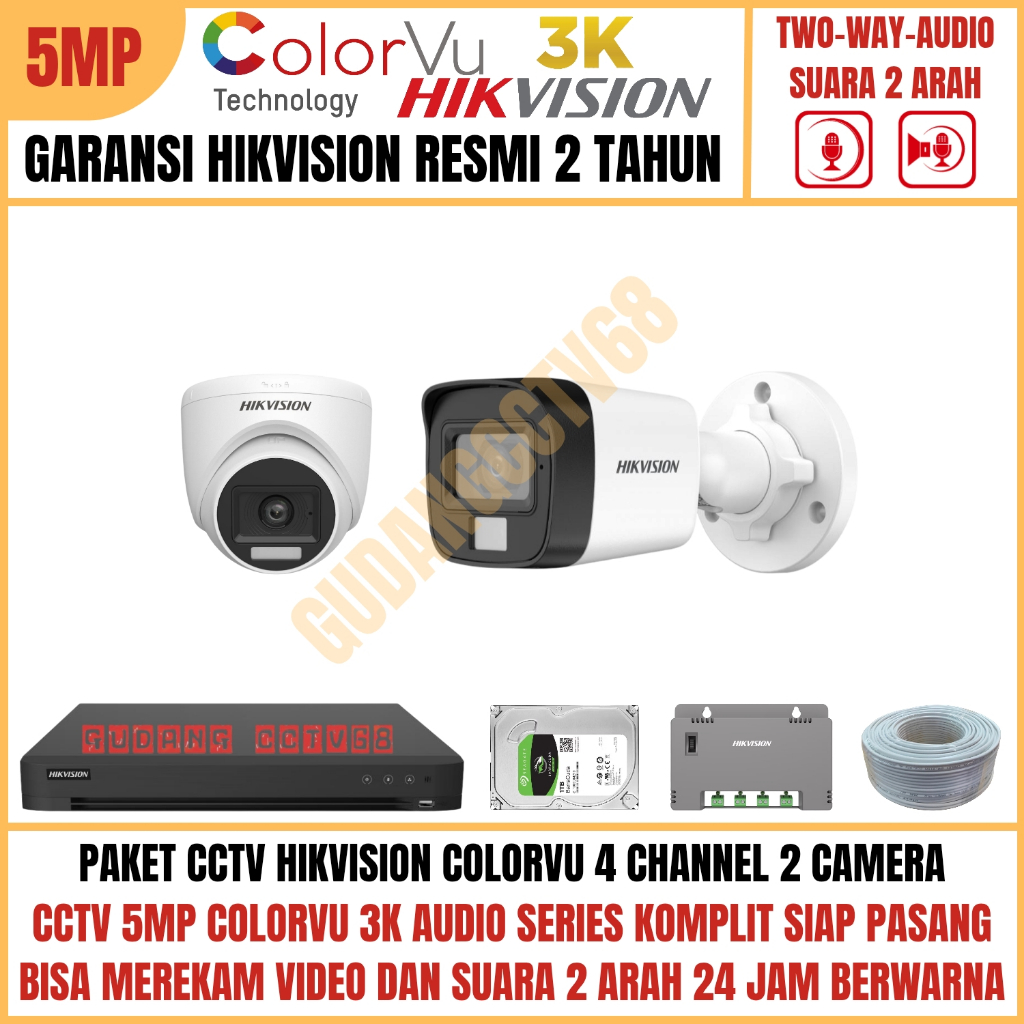 Paket CCTV HIKVISION COLORVU 4 Channel 2 Camera 5MP 3K Full Colour AUDIO TWO WAY Komunikasi 2 ARAH