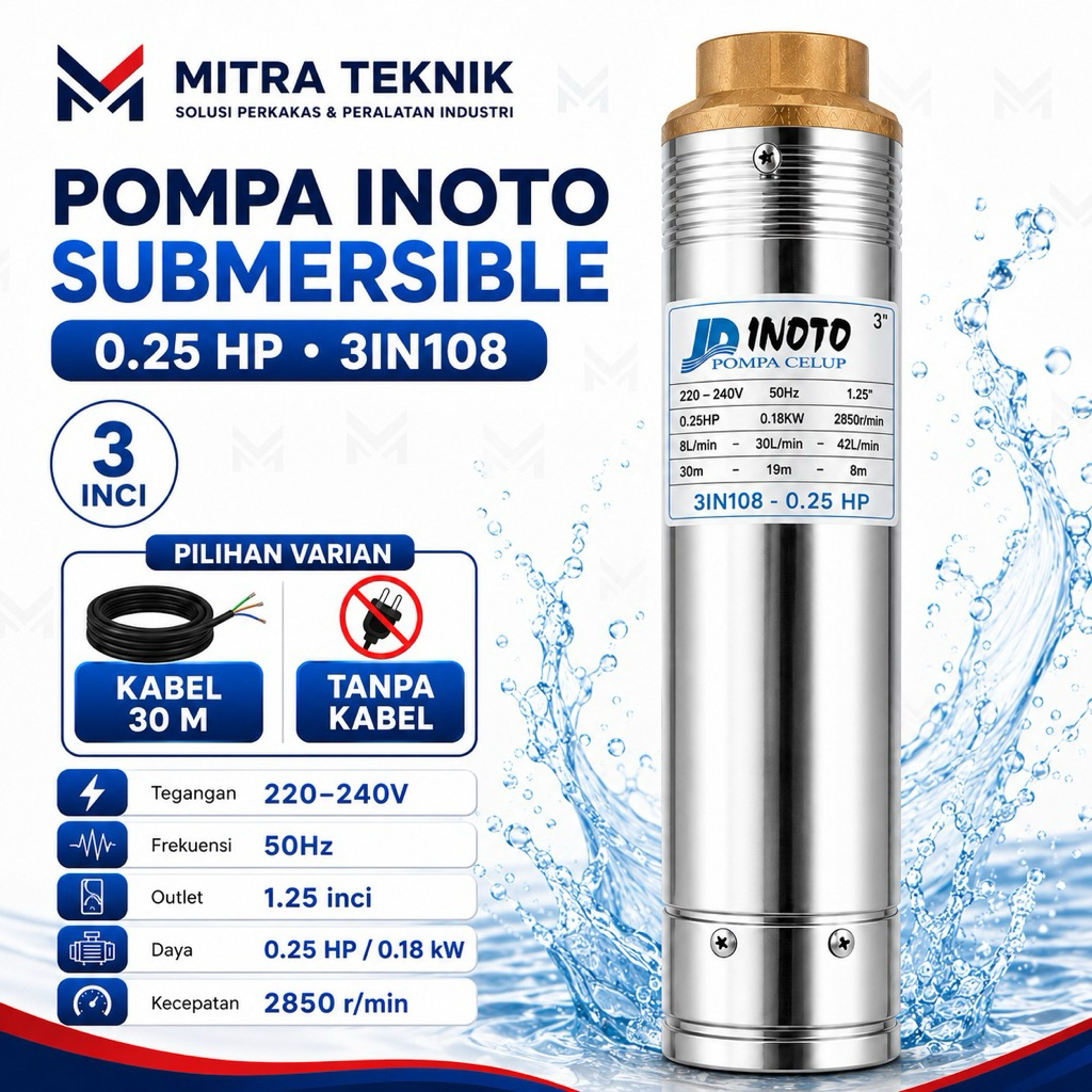 Pompa Celup INOTO 3IN108 0.25 HP 3 Inch Submersible Sumur Bor Kabel 30M / Tanpa Kabel