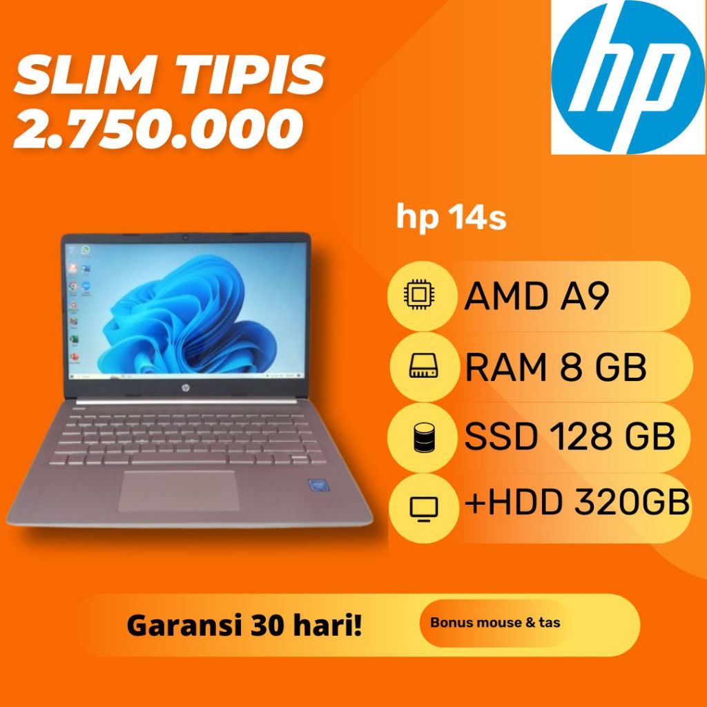 Laptop hp 14S-DK0024AU Slim Silver AMD A9-9125 RAM 8 GB SSD 128 GB Windows 11 Second Bekas