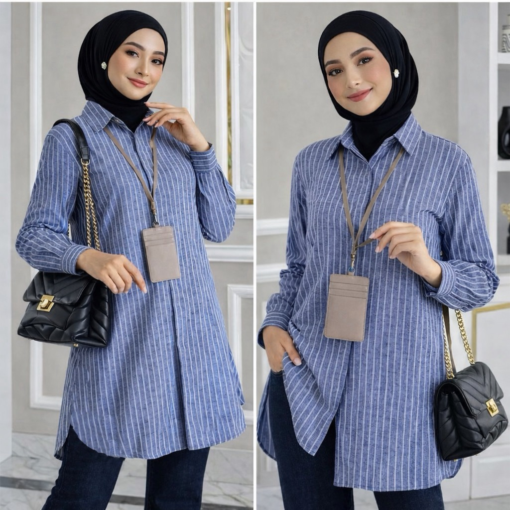 Zalfa Daily tunik PAULINA katun poplin Salur kancing tertutup lengan manset nyaman kerja kuliah