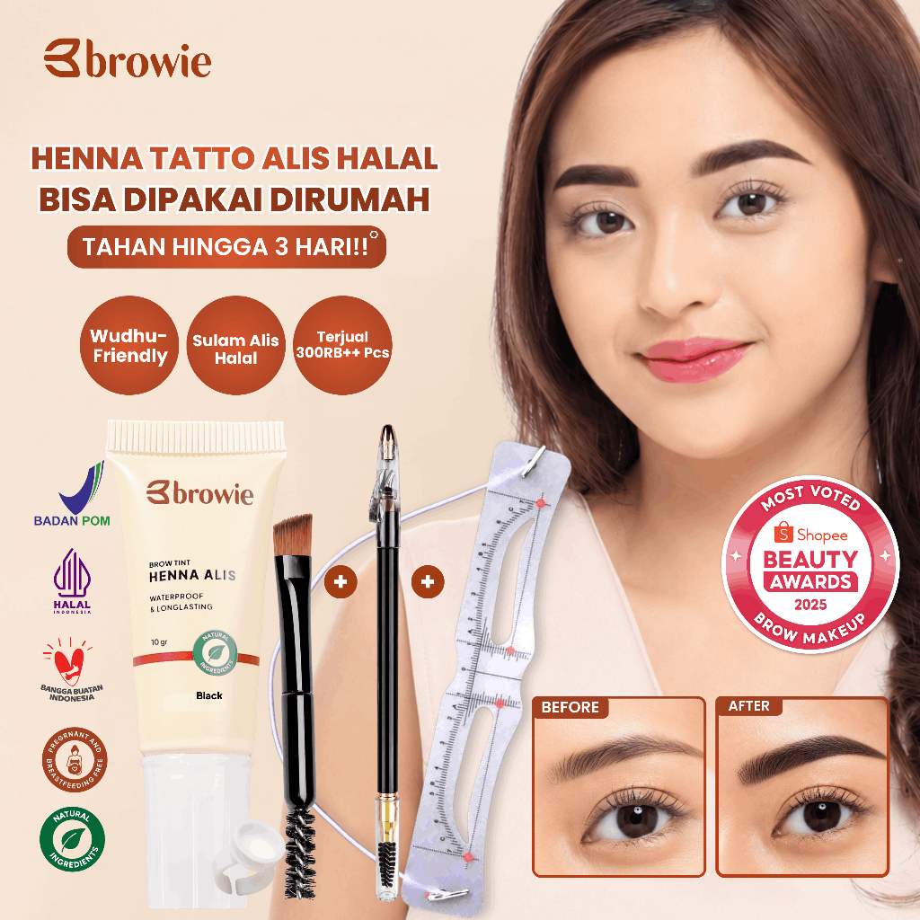 browie Henna Alis 10GR + Cetakan Alis & Pensil | BPOM & HALAL | Waterproof, SULAM ALIS HALAL