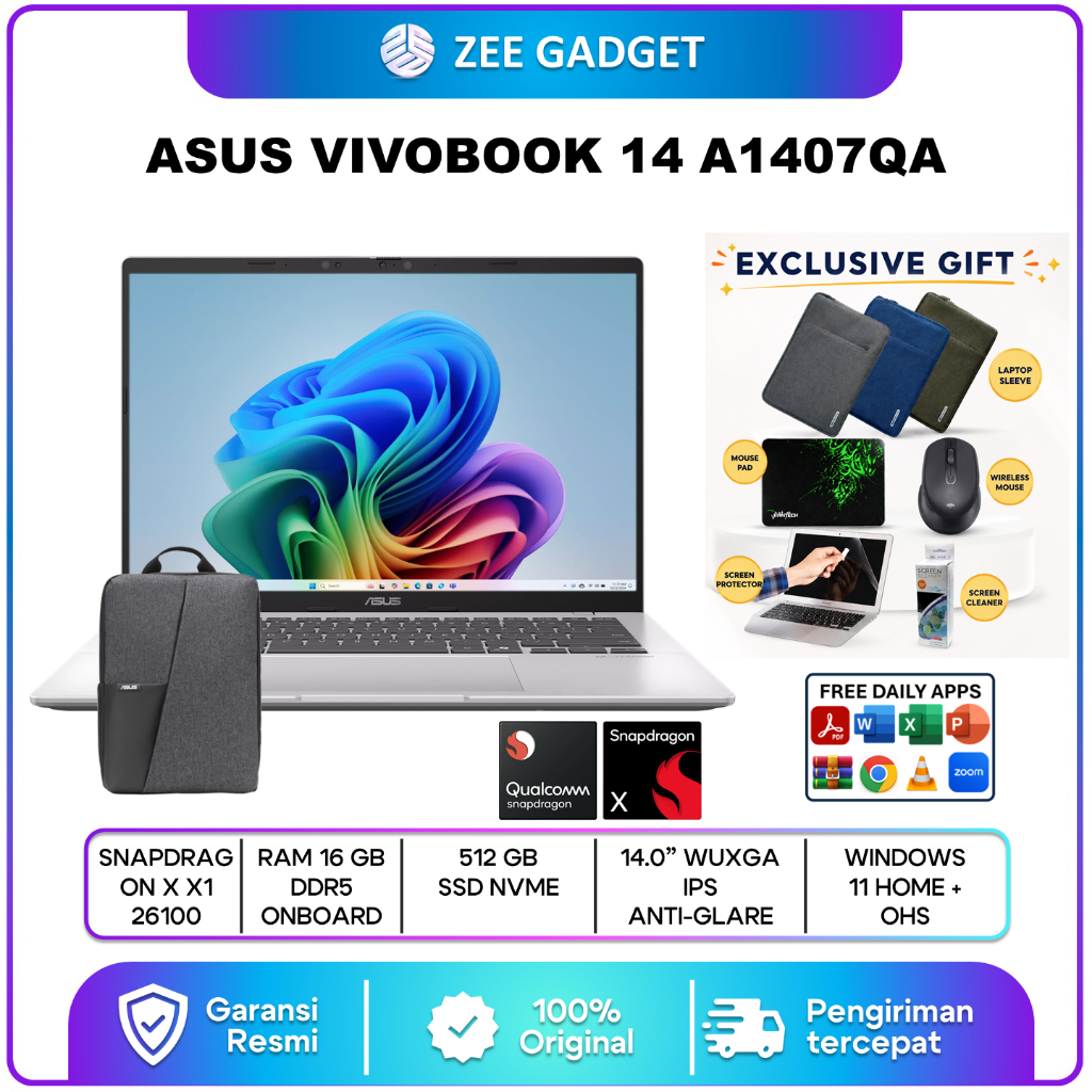 ASUS Vivobook 14 A1407QA Laptop Snapdragon X X1 26 100 16GB 512GB SSD 14 Inch WUXGA
