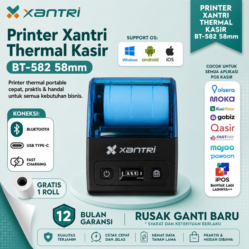 Xantri - Printer Thermal Kasir BT582 BT581 BT583 58mm, Printer Thermal Struk Mini Portable Bluetooth