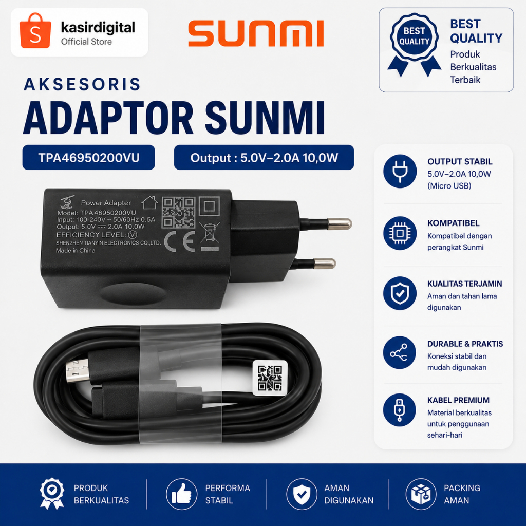 Sunmi Travel Charger Adaptor Type C TPA46950200VU untuk Mesin Kasir Sunmi Output 5.0V-2.0A 10,0W