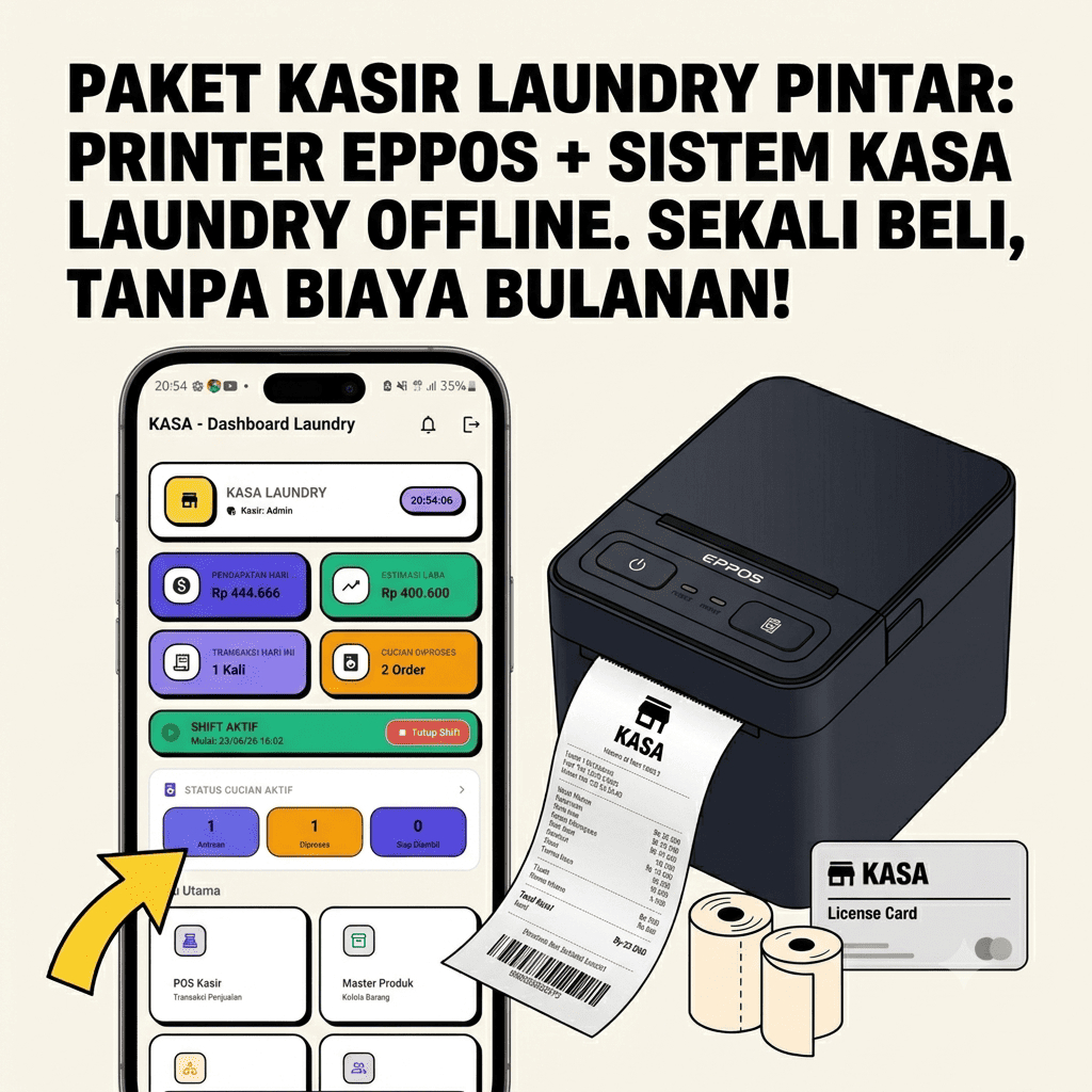 PAKET LENGKAP Mesin Kasir Laundry Printer EPPOS + Sistem POS Pintar KASA Khusus Android (Tanpa Langg