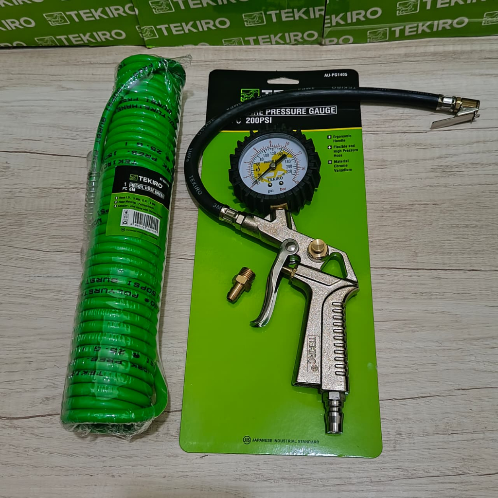 Paket 2 Pcs TEKIRO Tire pressure gauge 200PSI / Isi Angin 3 In 1 + Recoil Hose Selang Angin Kompreso