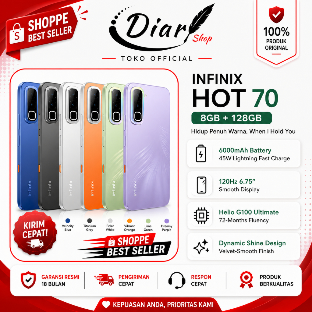 Infinix HOT 70 RAM 8GB ROM 128GB Garansi Resmi, Layar 120Hz, Kamera 50MP, Baterai 6000mAh, Fast Char