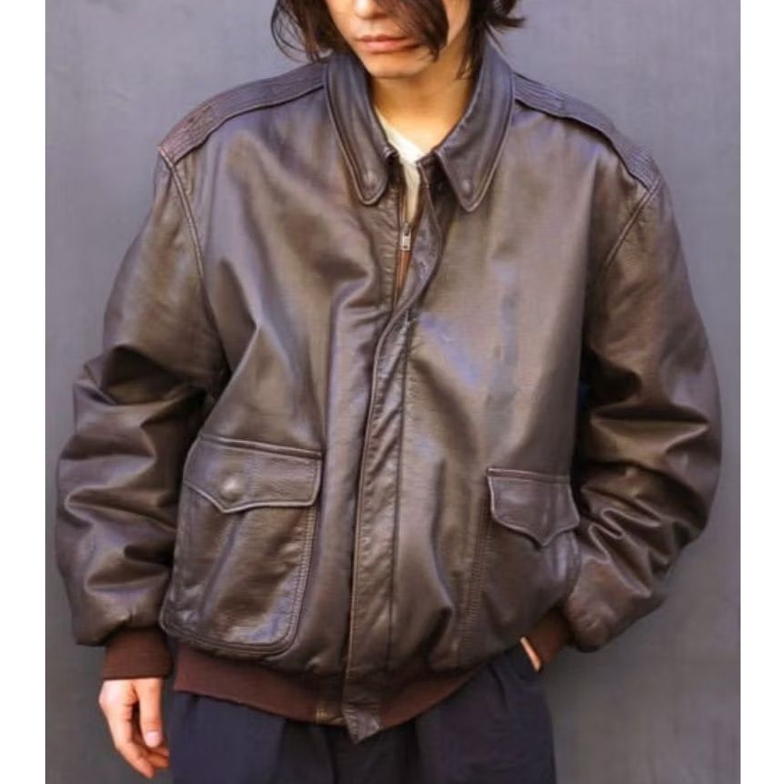 Vtg LL Bean A2 Style Military Flight Jacket X Jaket Kulit Pilot Bomber Ralph Edwards Star Sportswear