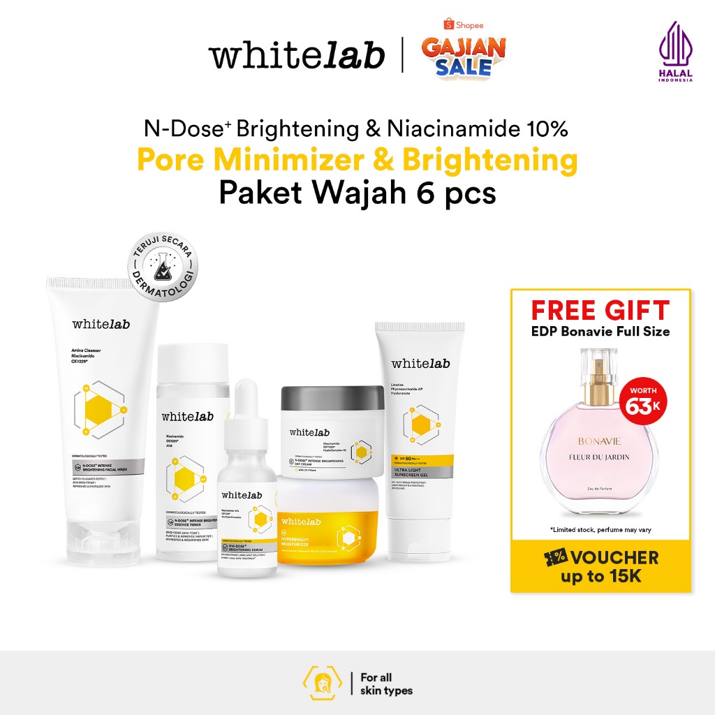 Whitelab Paket Wajah Brightening Niacinamide Facial Wash, Toner, Serum, Moisturizer, Sunscreen - 6 p