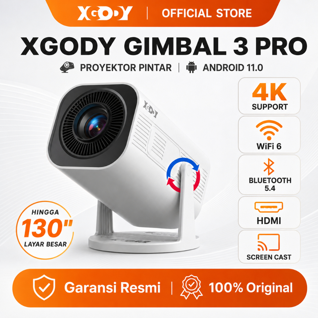 XGODY Gimbal 3 Pro Smart Proyektor LCD Android 11 -720P -Auto Keystone -Netflix - YouTube - 220 ANSI