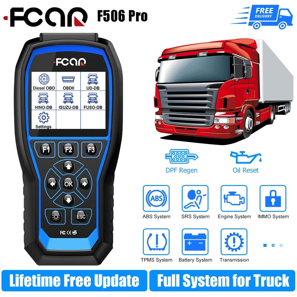 FCAR F506 Pro Truck OBD2 Scanner Full System Truck Diagnostic Tool OBDII Scanner for Hino Fuso UD Is