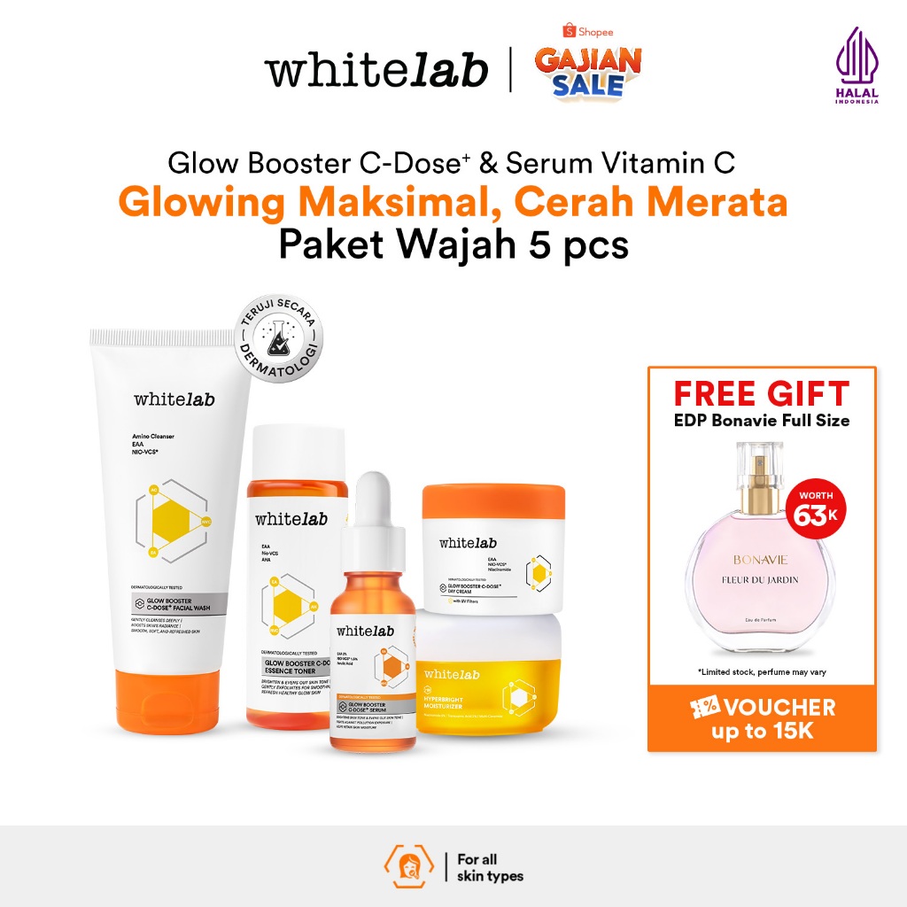 Whitelab 5 pcs Glow Booster C-Dose+ Brightening Paket Wajah - Facial Wash, Toner, Serum, with Day Cr