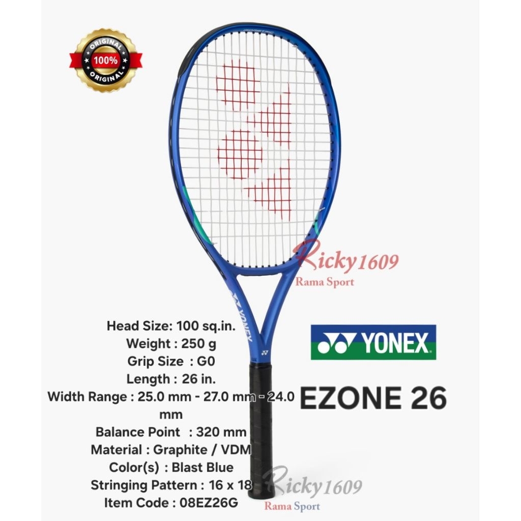 RAKET TENIS YONEX EZONE 26 BLAST BLUE (100 in²/250 gr) All-graphite junior model with electrifying b