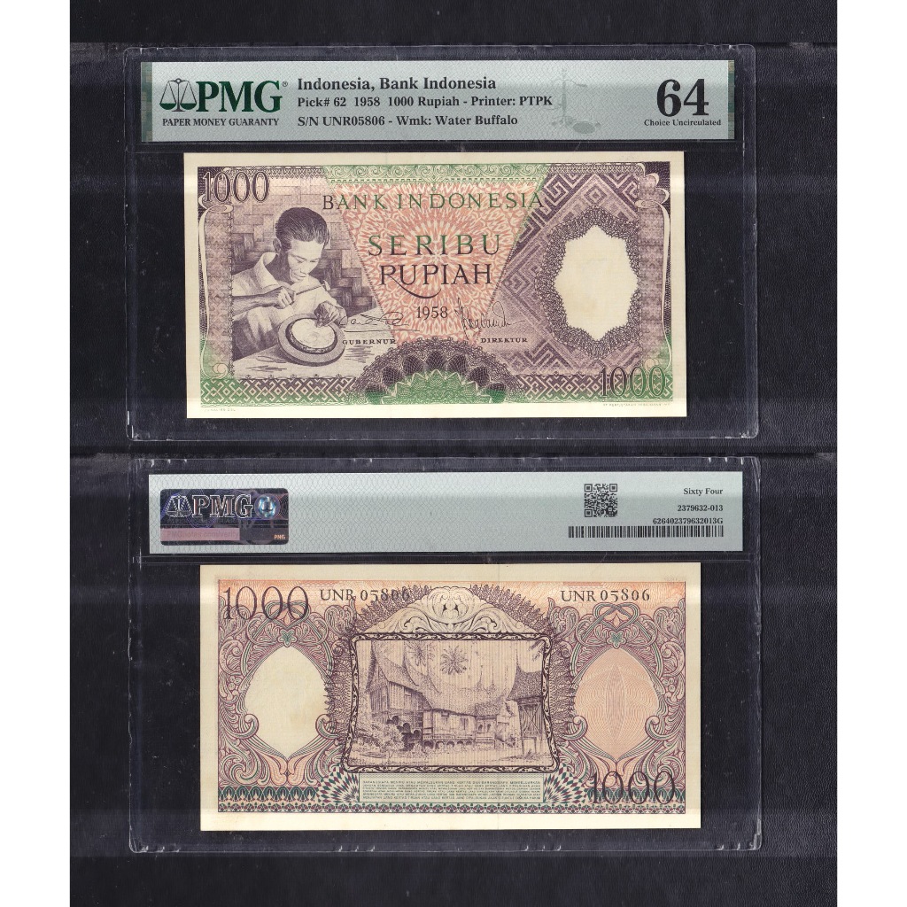 Uang kuno PMG 64 - 1000 rupiah (Violet) tahun 1958 seri Pekerja-1