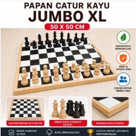 PAPAN CATUR KAYU JUMBO XL 50 x 50 CM + BIDAK CATUR LENGKAP
