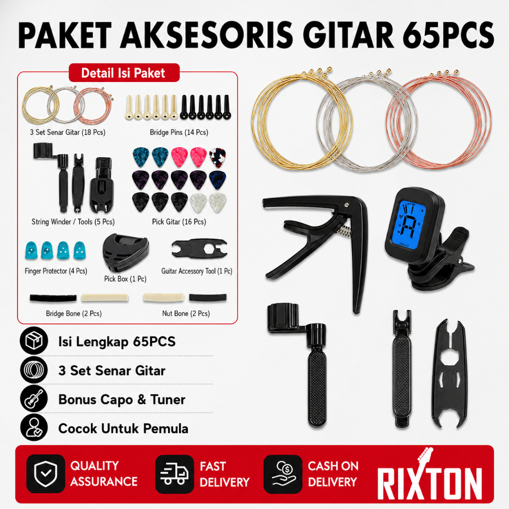 RIXTON Guitar Tool 65Pcs Set Changing Kit Strings Pick Capo Winder&Cutter Tuner Accessories Kit
