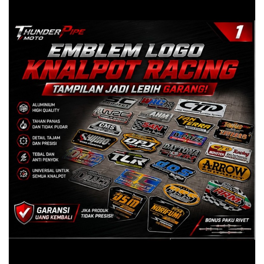 Emblem Stiker Logo Knalpot Racing Alumunium Premium Universal Motor Bonus Rivet | AHM WRC CMS SHIJIR