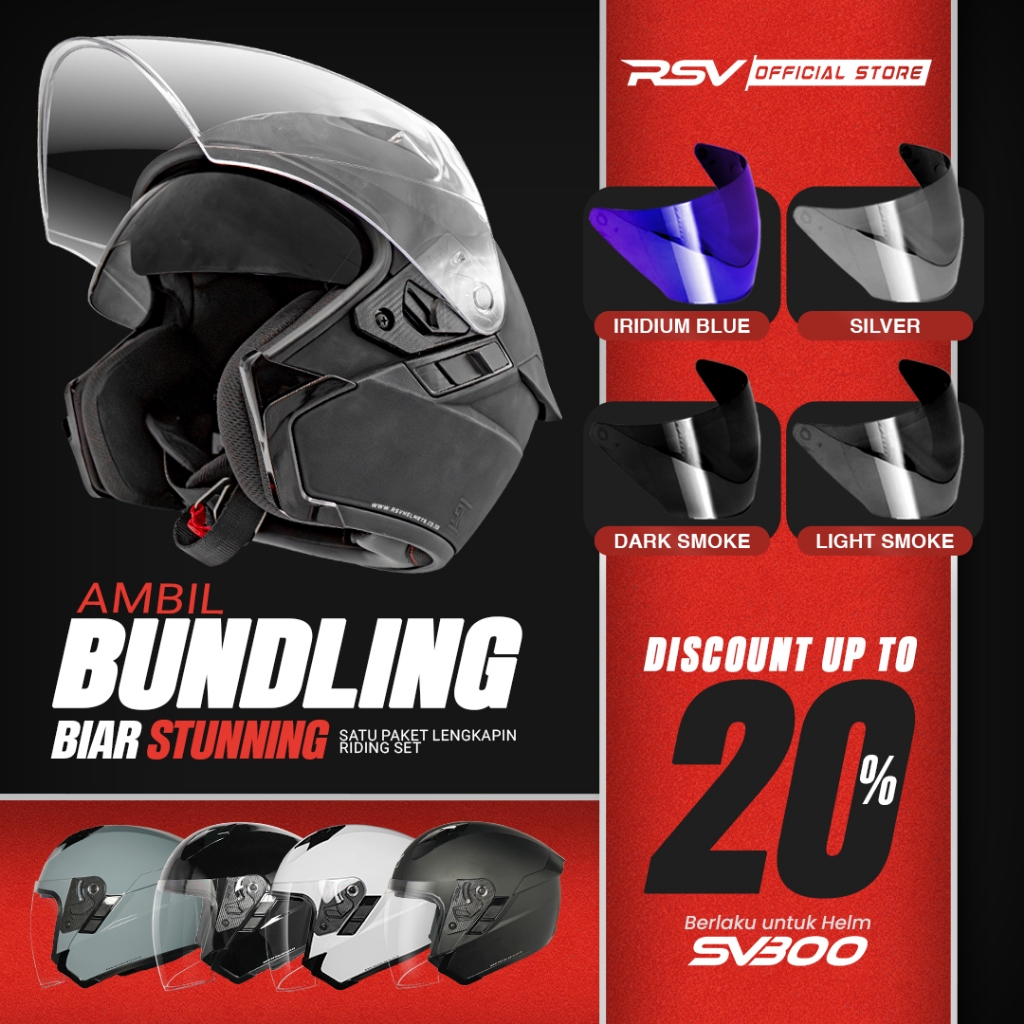 (Bundle) Helm RSV SV300 Series + Extra Visor Warna (Smoke/Iridium) – Half Face Unisex RSV Helmets