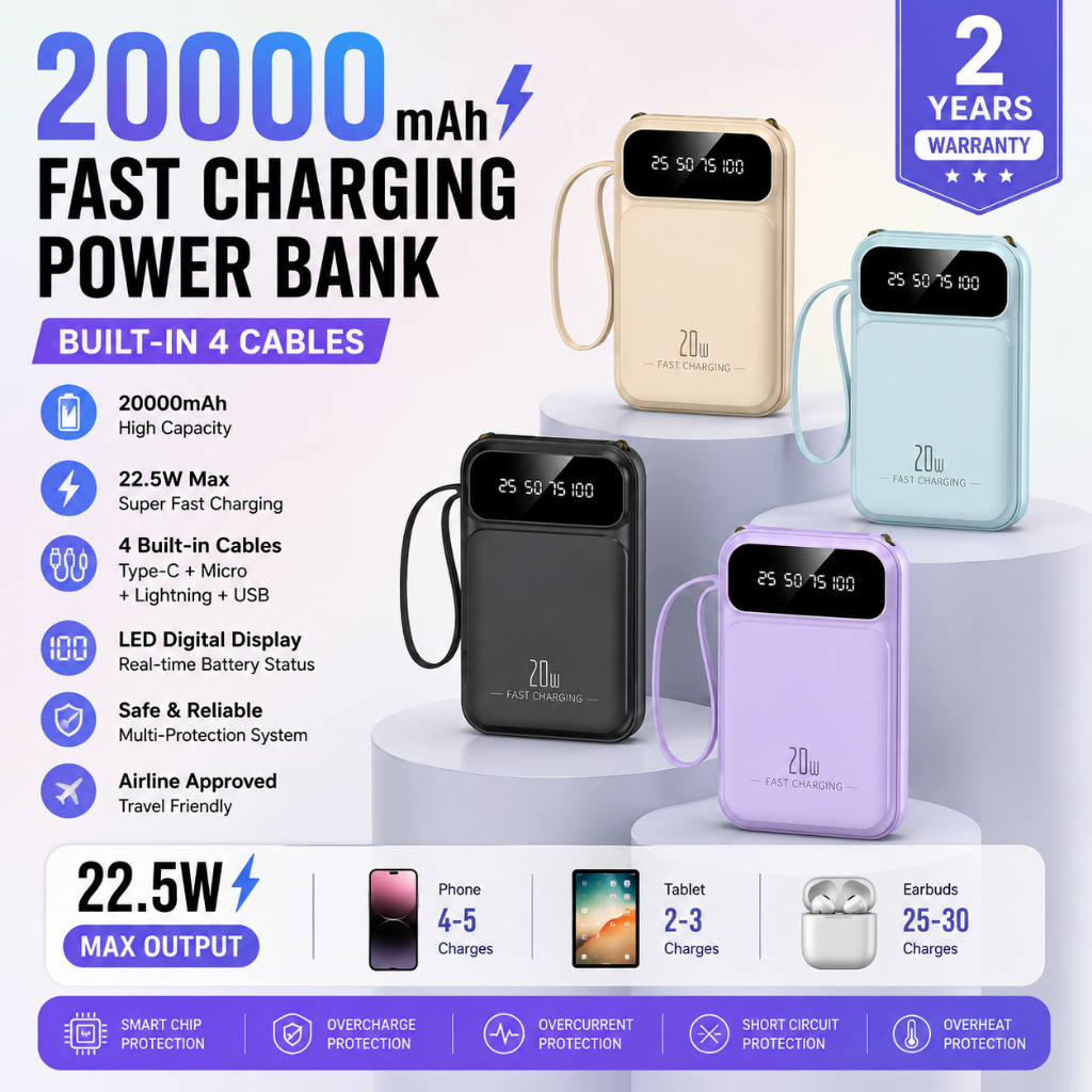 GREFUS LENTIVEN Powerbank 20000Mah Mini Fast Charging With 4 Kabel Data Type C Micro Ios Usb Led Ind